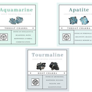 May include: Three cards with blue and black crystals, each with a different name: Aquamarine, Apatite, and Tourmaline. Each card has a chakra symbol and a description of the stone's properties.