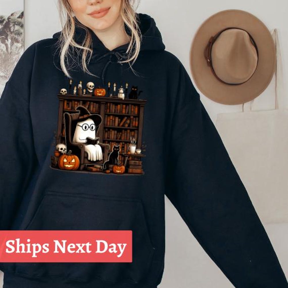 Retro Ghost Reading Books Hoodie, Librarian Halloween Hoodie, Spooky Teacher Pullover, Boo School Hoodie, Cute Ghost Gift Halloween 2025