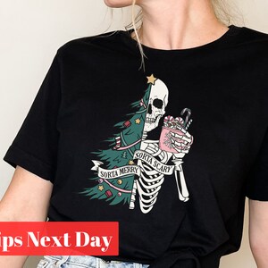 Sorta Merry Sorta Scary Shirt, Funny Christmas Shirt, Cute Spooky Season Shirt, Custom Christmas Skeleton T-Shirt, Gifts For Christmas