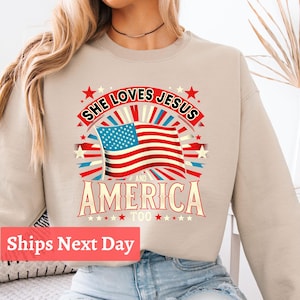 She Loves Jesus and America Too Sweatshirt, Retro USA Crewneck, 4th of July Shirt, Patriotic American Flag Sweatshirt, USA Tee