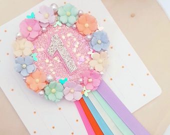 Pink flower birthday badge, Floral birthday badge, Birthday accessories, Birthday girls badge, Personalised birthday badge