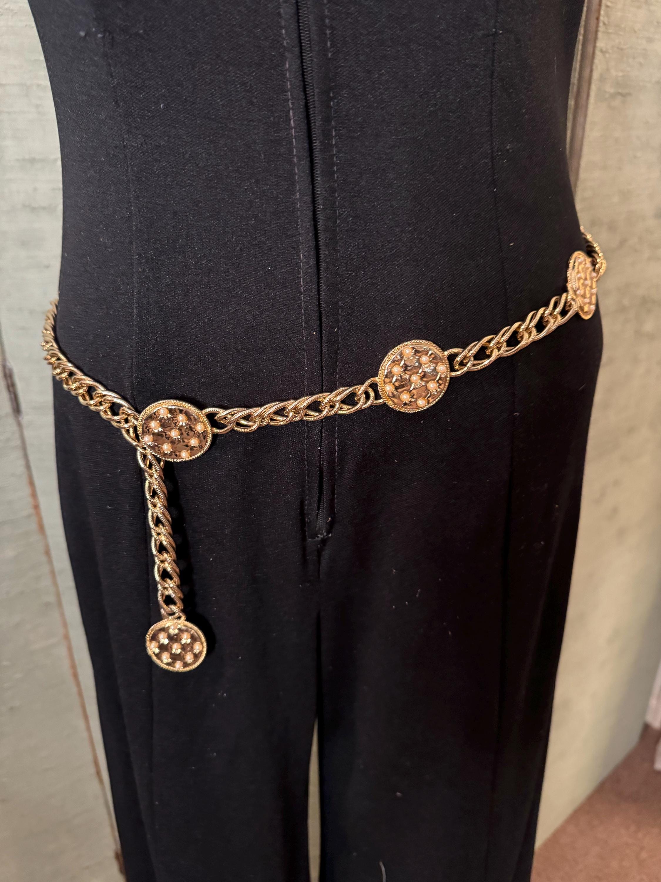 Chain Belt Gold Tone Metal Medallions and Black Pearl Gold Beads Adjustable Women Fashion Belt Hip Waist Gold Metal Chain Black Cross  main image 2