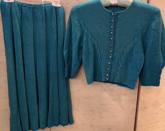 40’s knit suit, deep turquoise rayon and wool yarn; petite knit suit