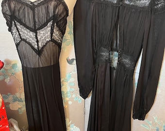 1930 vintage Lingerie, peignoir set in black, silk chiffon and lace
