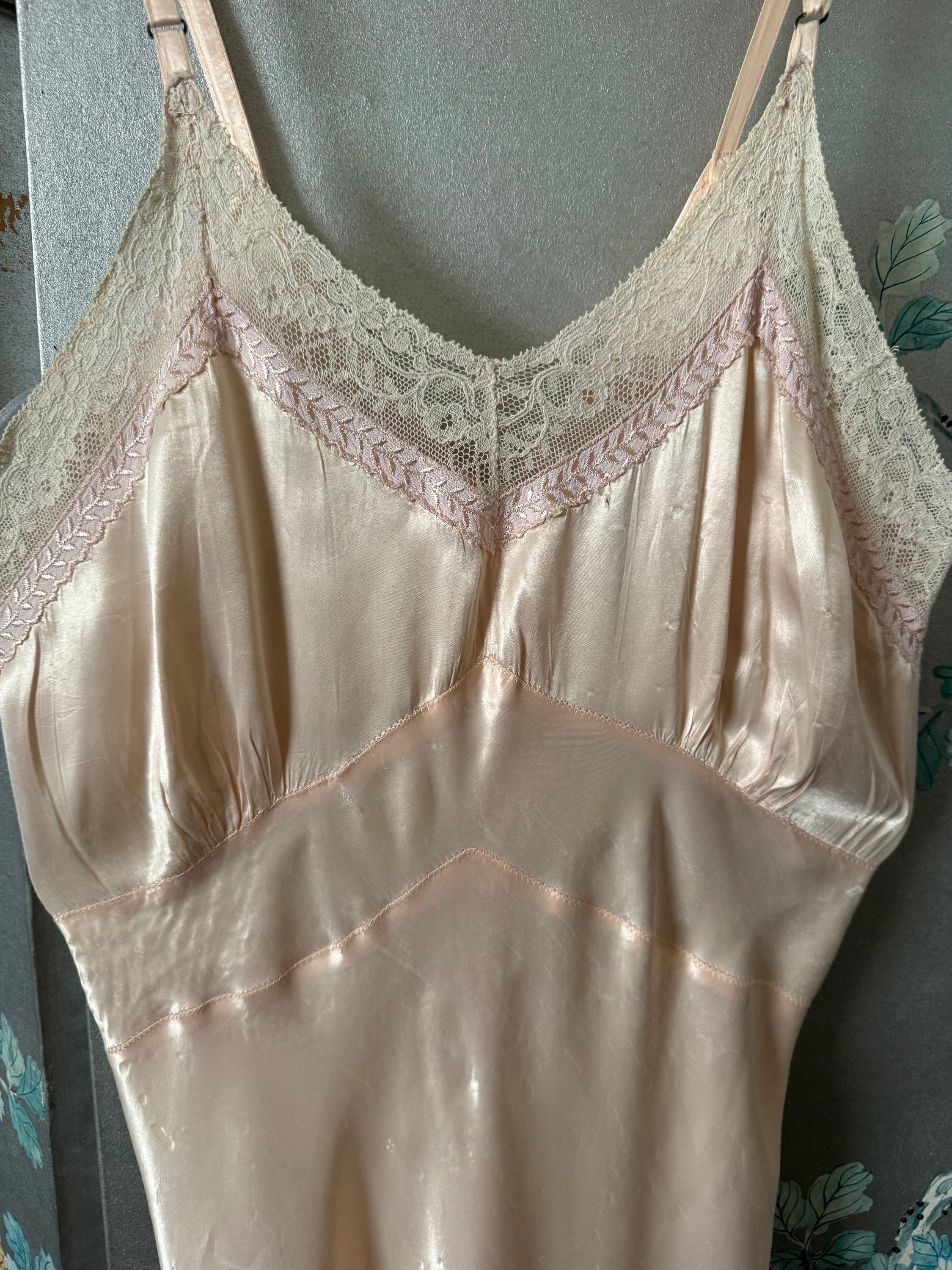 30’s satin silk, bias cut, slip with cream lace trim