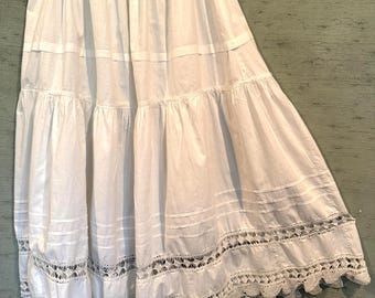1910 under-slip/ skirt, white cotton , open-crotchet work at hem, ballerina length. Hand wash, drip dry, ironing required