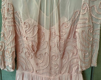 40’s pink chiffon evening gown, pink silk braiding design accent