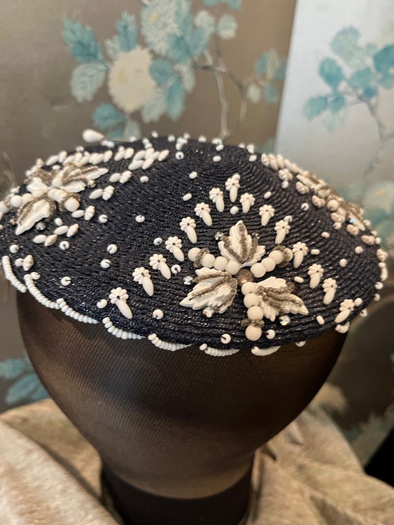 1950 white beaded cocktail hat, midnight blue stra