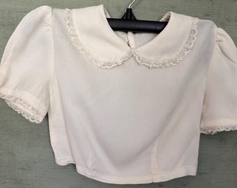 40’s girl blouse, white rayon, lavender trim on collar and sleeves