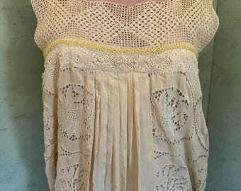 1900/20’s top, redesign, 1900 crotchet yoke combined with a 1920 dress skirt; one of a kind