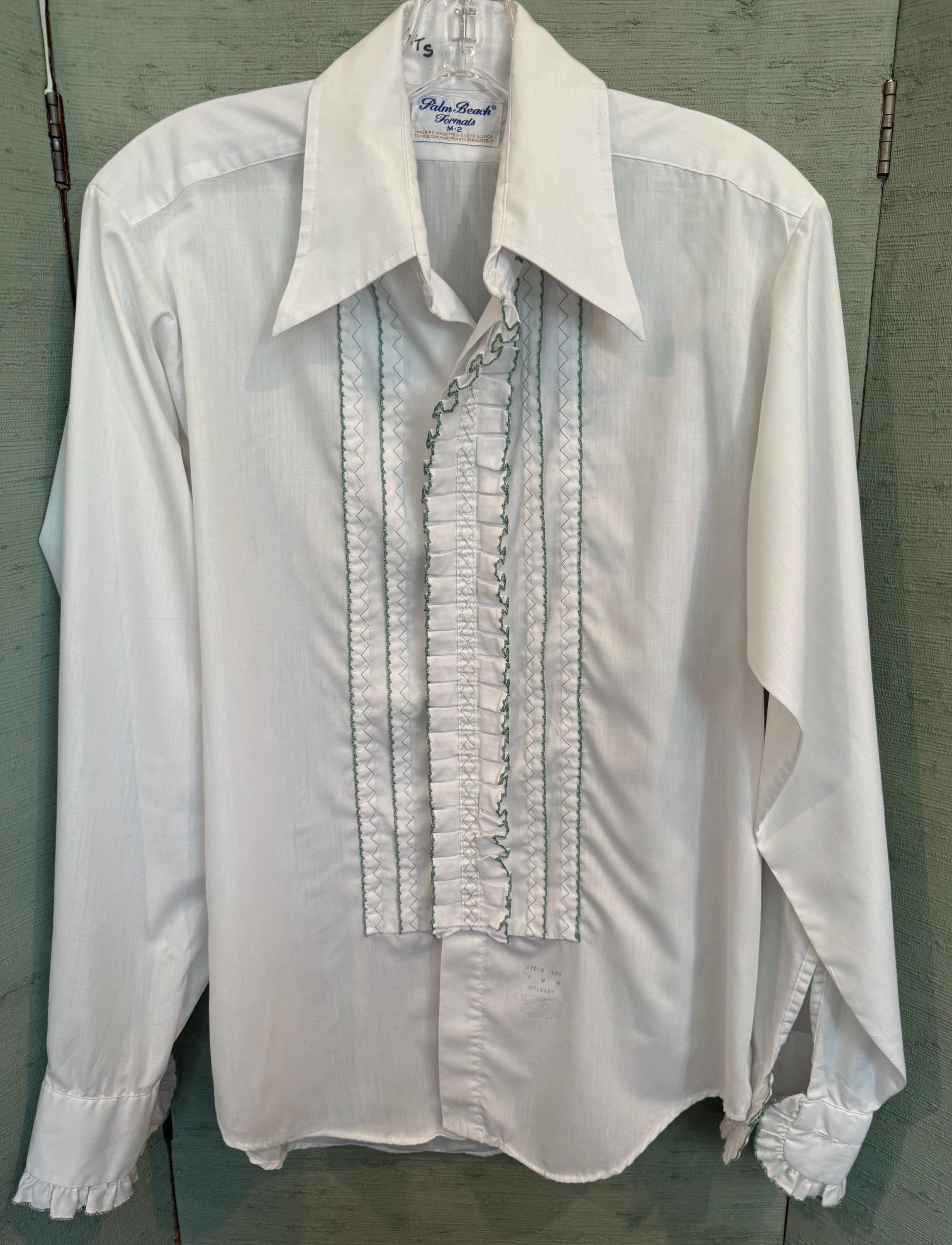 70's “palm Beach Formal” Label, White-ruffled Tux Shirt With Green