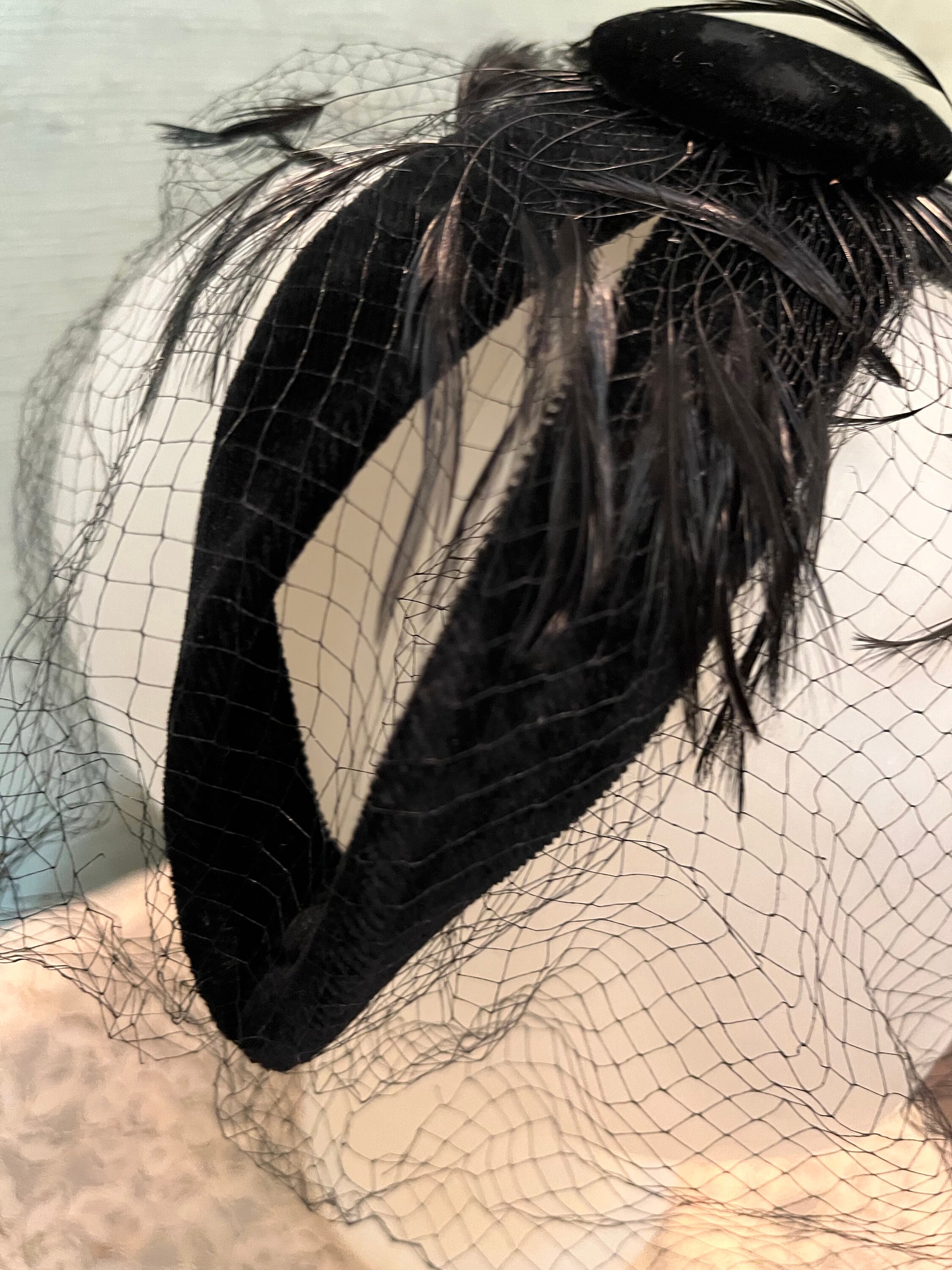 1960 Headband Hat Black Velvet, Aigrette Feathers Netting - Etsy