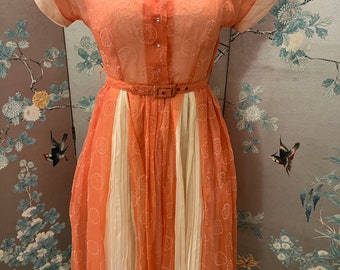 1950 vintage, organza dress in orange and off white with a beige taffeta slip