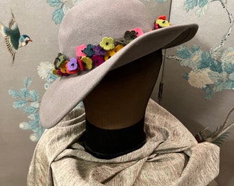 1970 vintage “Fedora”, Lancaster felt hat, grey with rainbow felt flowers