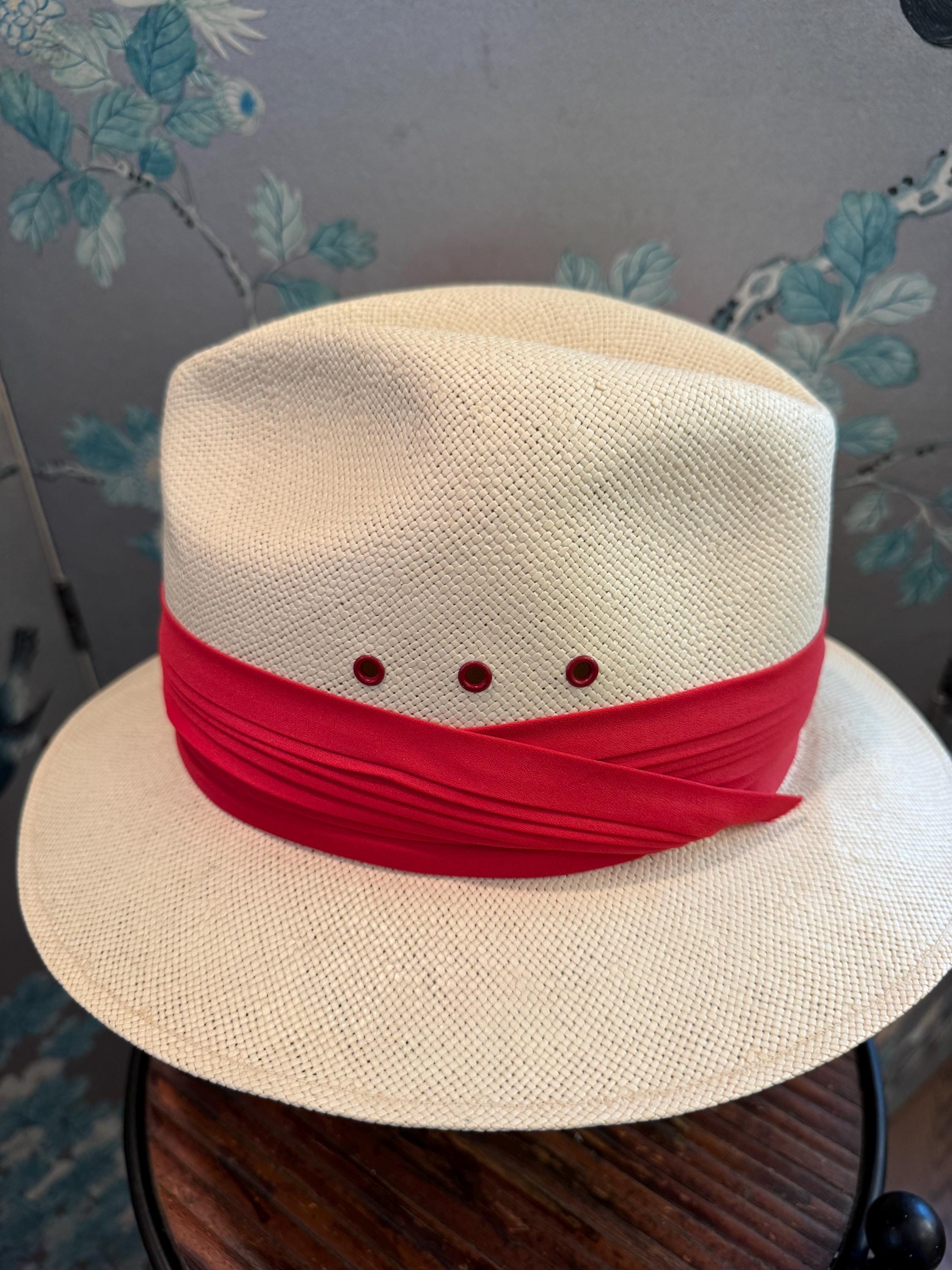 Cream Straw Hat, Red Pleated Band, Summer Unisex Style, Size 