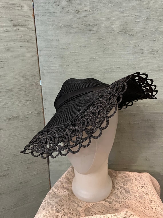 FUNTASTIC 1940\'s OPEN CROWN BLACK STRAW WIDE BRIM WITH TURQUOISE TRIM She Had That Look About Her - Vintage 1930s 1940s Classic  main image 3