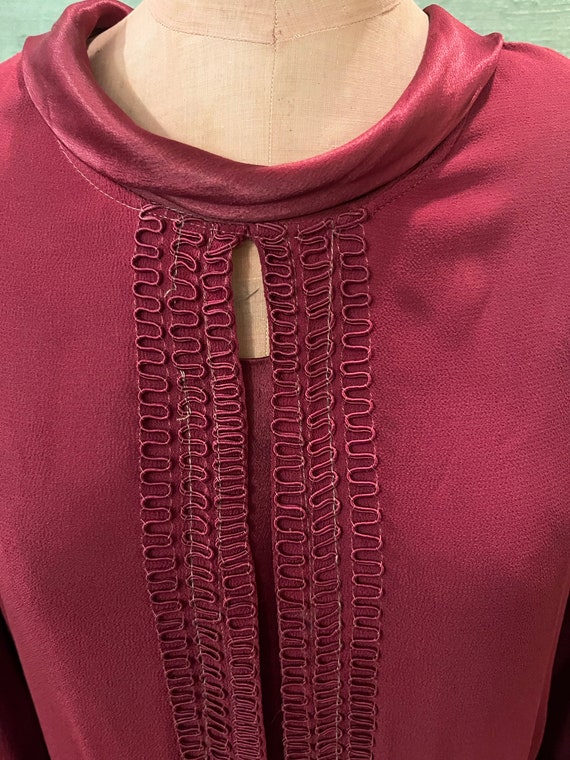 1930 burgundy crepe dress, satin collar braided t… - image 7