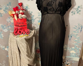 1930 Style, 1970’s evening dress in beaded, black chiffon with white lining