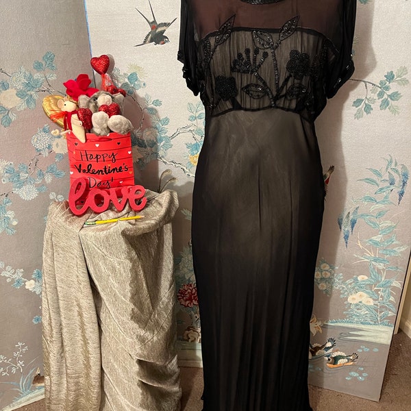 1930 Style, 1970’s evening dress in beaded, black chiffon with white lining