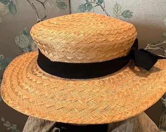 Eric Javits 1970, straw Boater with a black ribbon band, Fascinator style