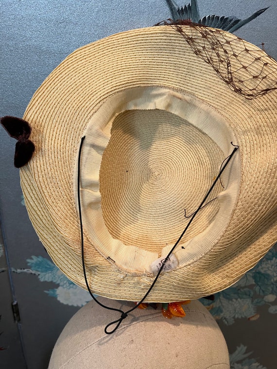 Vintage handmade grapes & bird straw fascinator hat clip Brown Bird Skull Cameo Medium Mini Top Hat Fascinator, Alice  main image 3