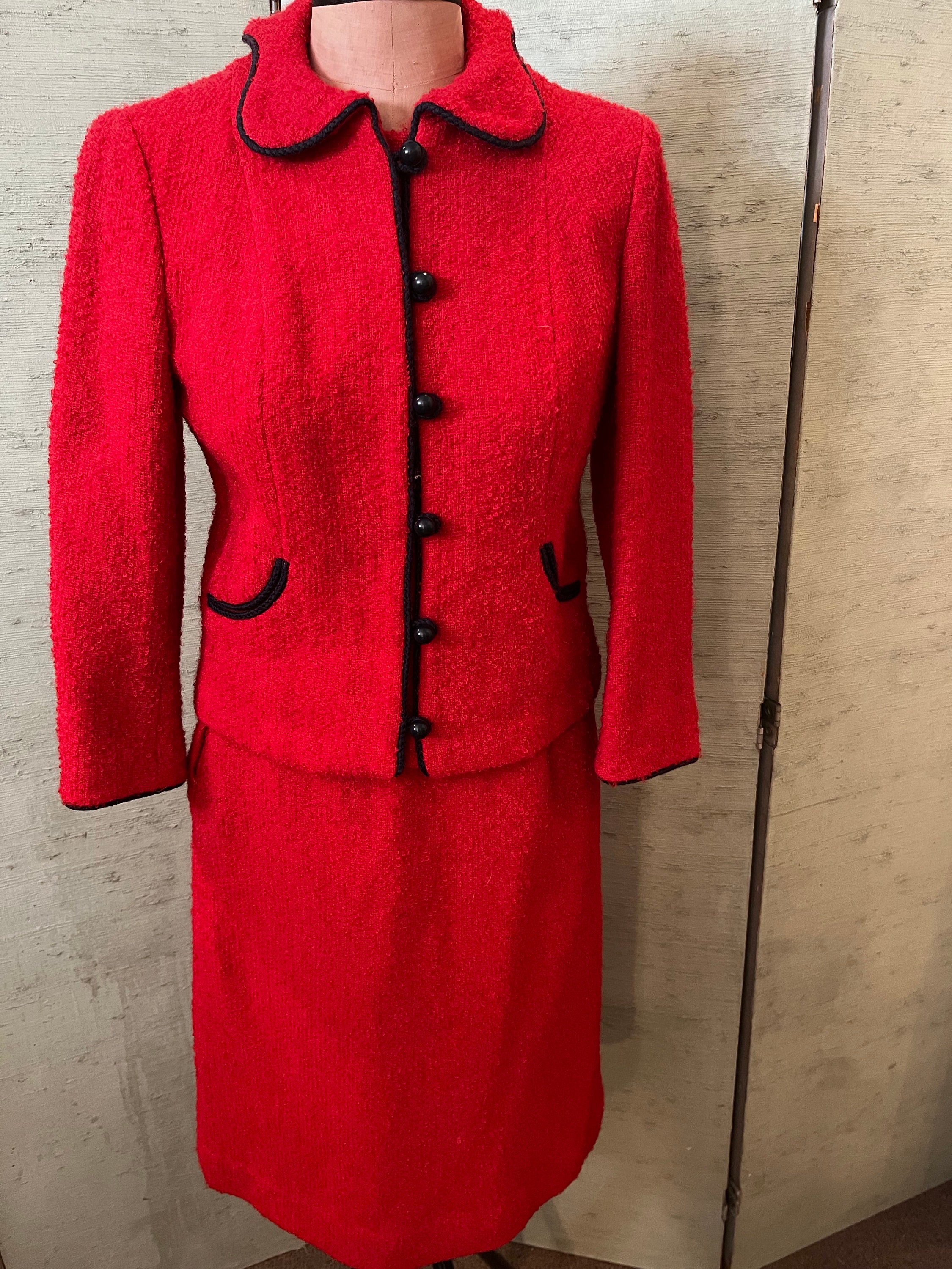 70's Mohair Suit in Red With Black Piping and Black Ball