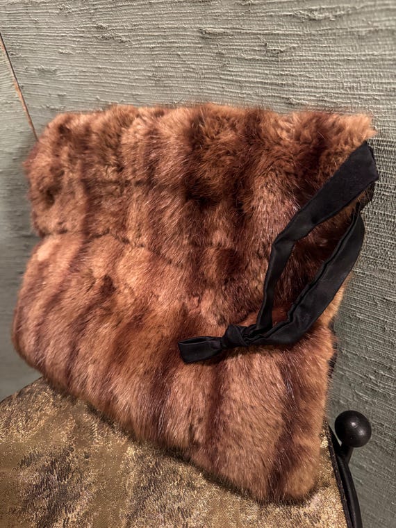 40’s mink handbag, clutch/loop handle; backed in … - image 4