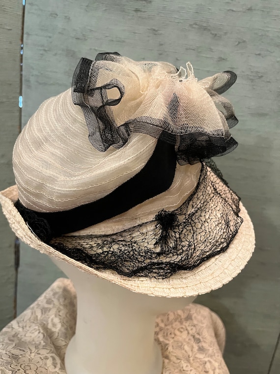 1930 hat sheer woven ribbon, black accents