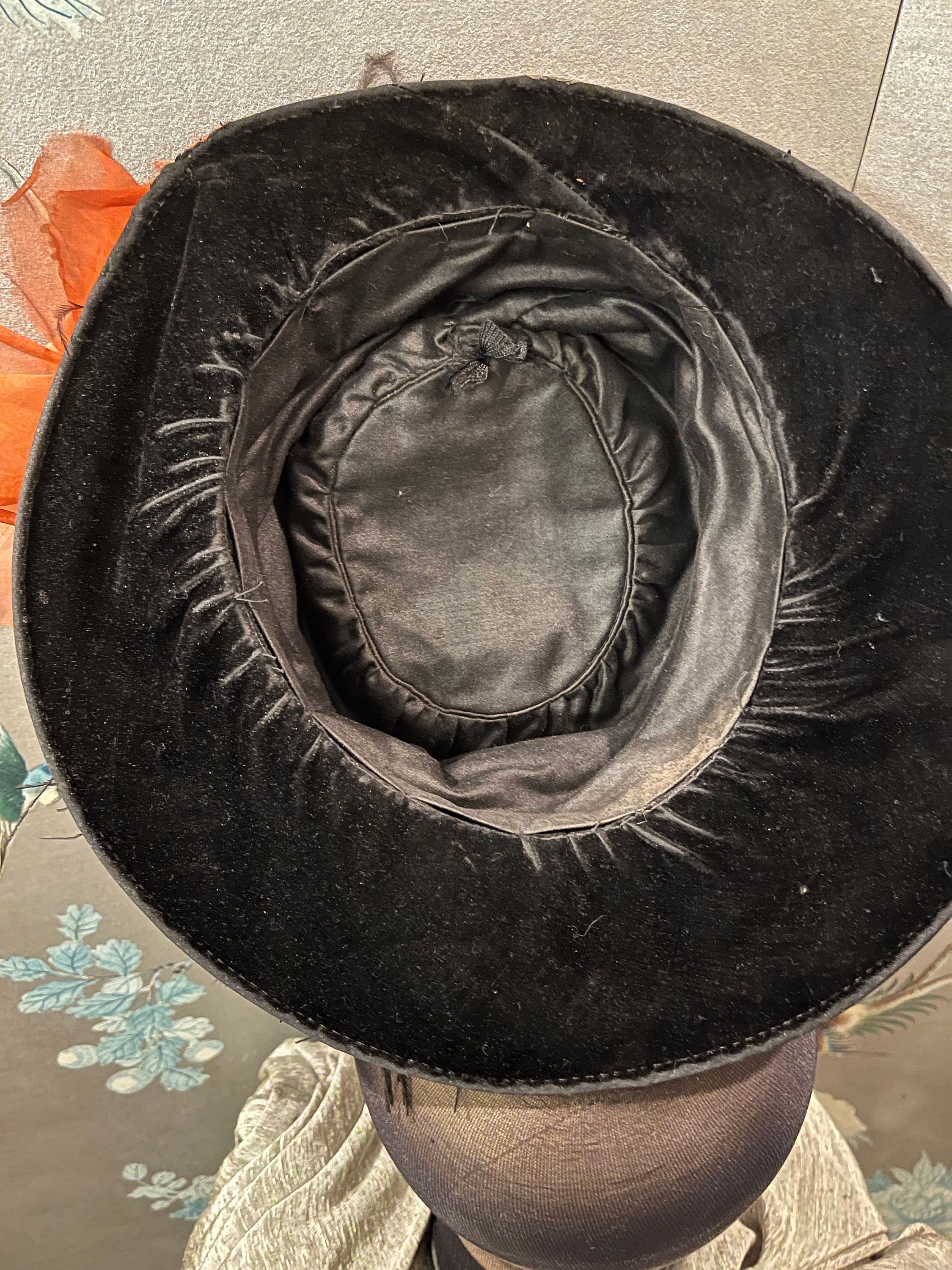 1920 Orange and Black Velvet, Wide Brimmed, Hat, Silk Flower 