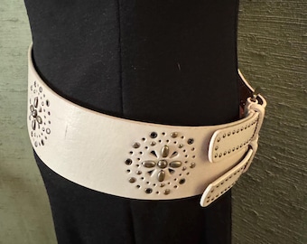 70’s belt, western white leather, silver studs