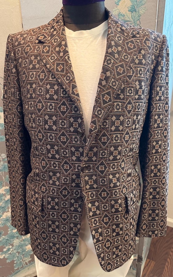 Vintage 70s Wool Blazer, Geometric Square Diamond Pattern