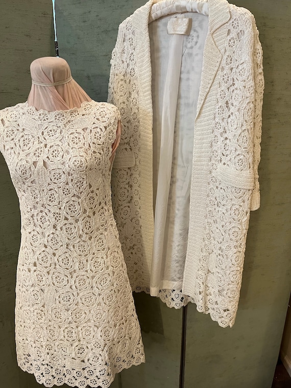 1960 wedding coat and dress, white crocheted set