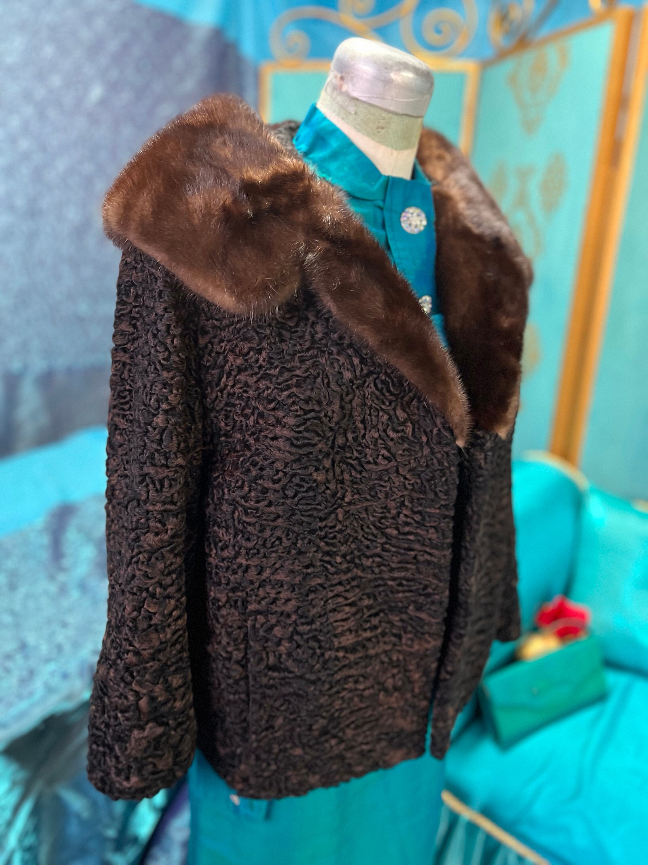 1980 Canadian Fur co. Two Tone Faux Persian Lamb Jacket with Faux Mink Collar