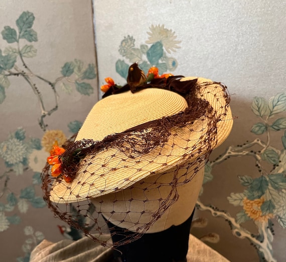 Vintage Hat 1950s Nest Style Netting Leaves Feathers Bow Fascinator Fall Colors s-l400.jpg main image 2