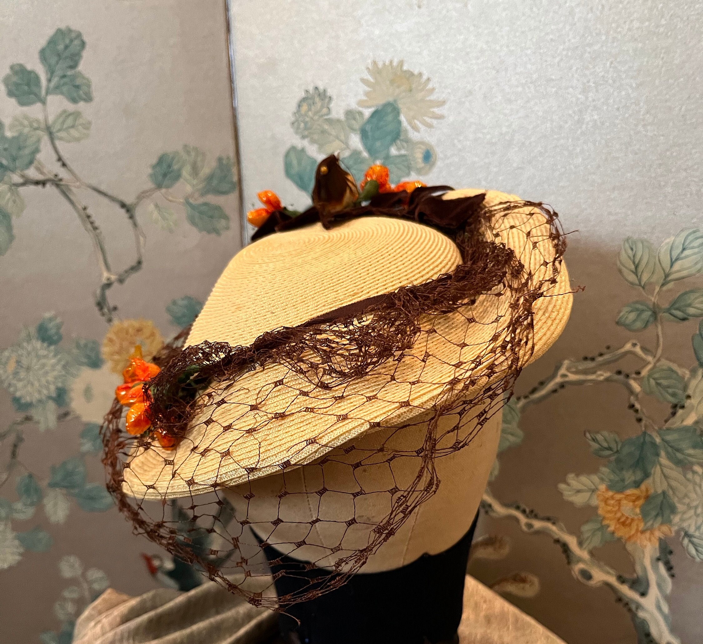 Vintage handmade grapes & bird straw fascinator hat clip Brown Bird Skull Cameo Medium Mini Top Hat Fascinator, Alice  main image 2