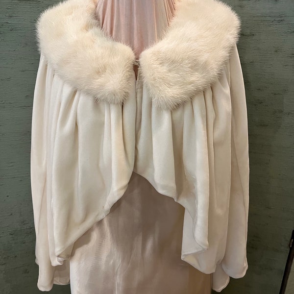 30’s style, ivory velvet cape with white mink collar, half cape, evening cape, wedding cape, costume piece