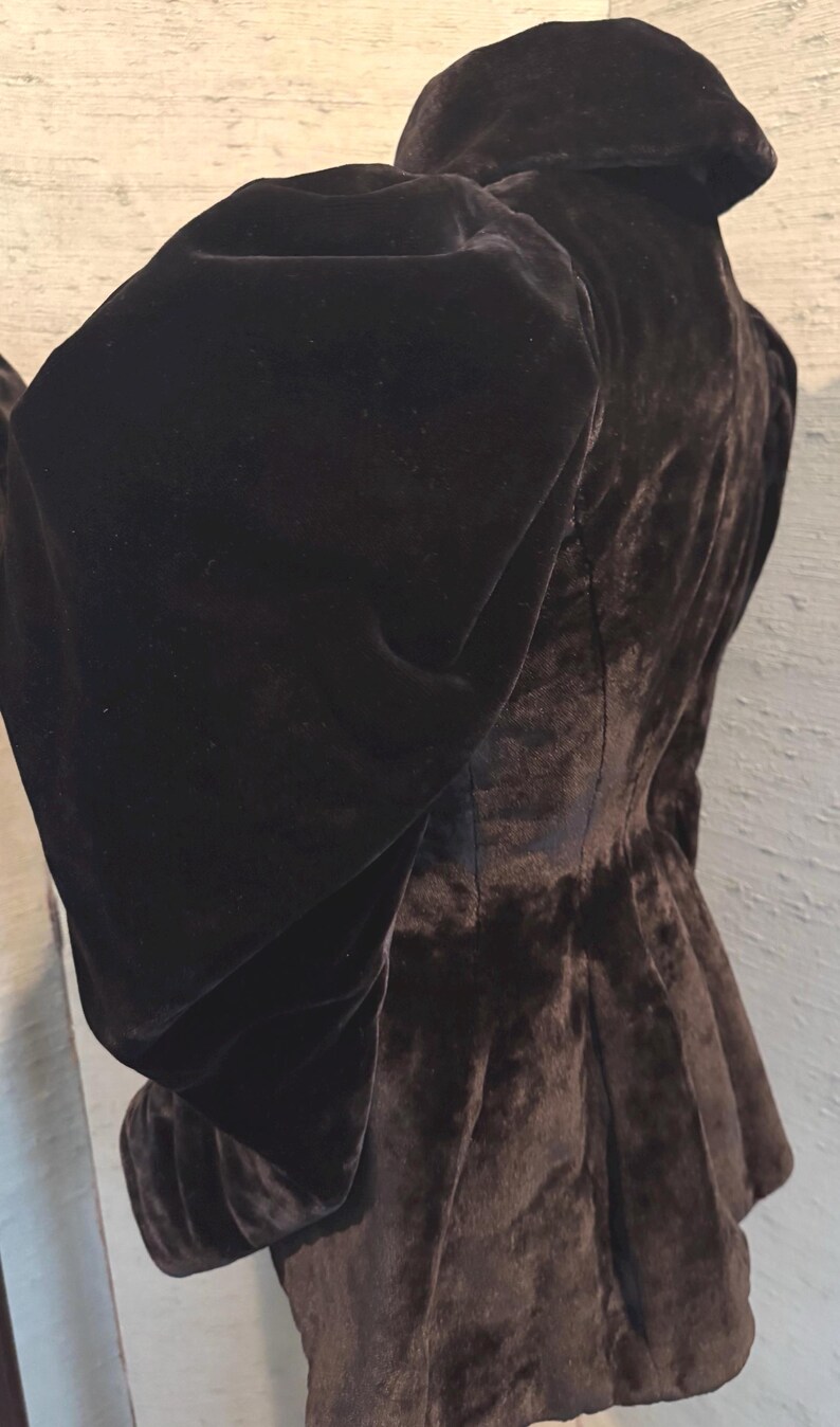 May include: A dark brown velvet jacket with a high collar and large, puffed sleeves. The jacket has a fitted waist and a flared peplum, creating a dramatic silhouette. The fabric appears soft and luxurious.