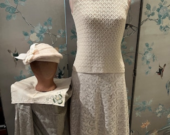 1950 lace skirt, knit shell top in off white with knit beret hat