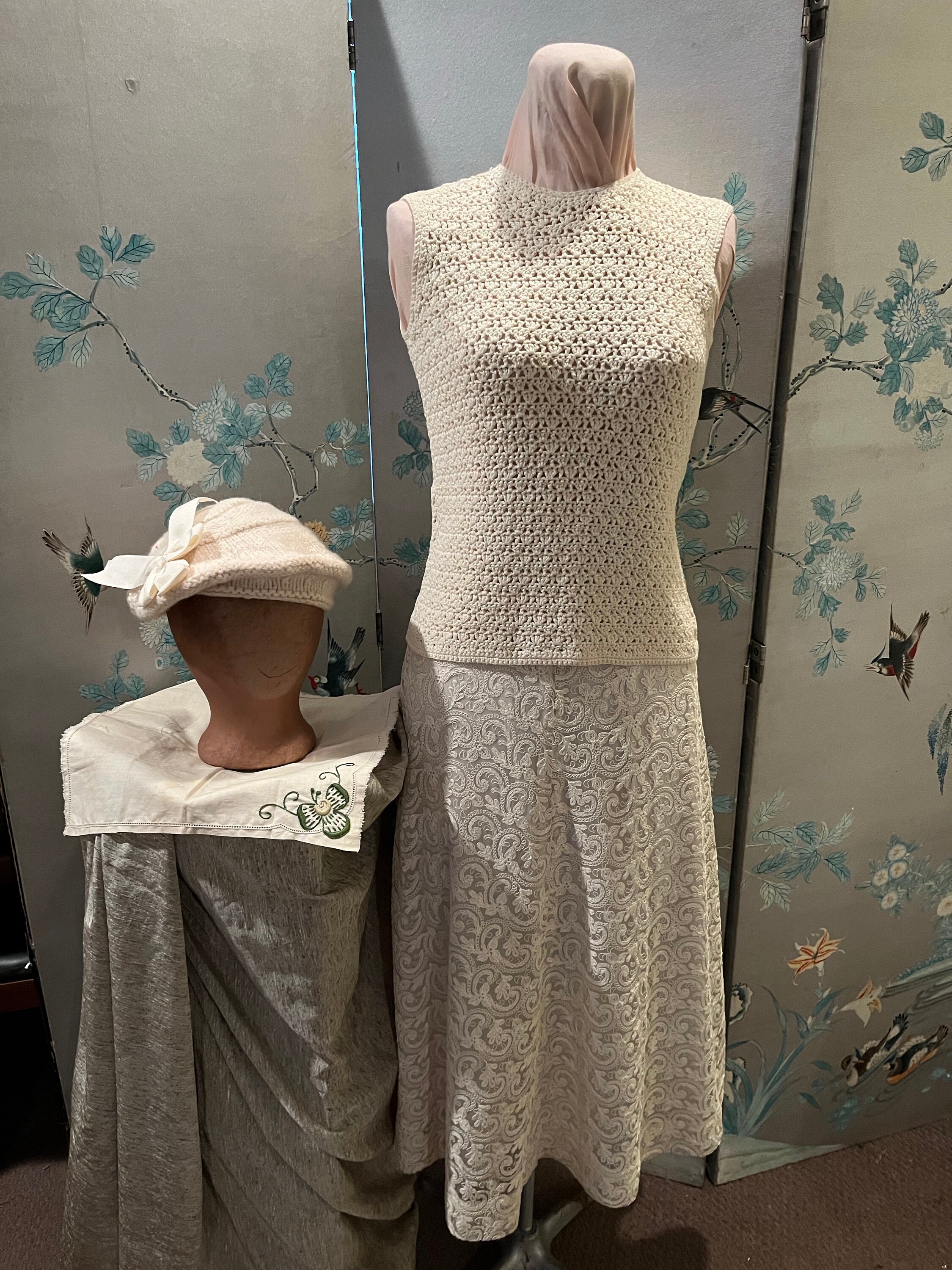 1950 lace skirt, knit shell top in off white with knit beret hat