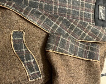 20’s  Browning King & Co. smoking jacket, moss colored wool, plaid lining and accents, trimmed in cording, frog closure