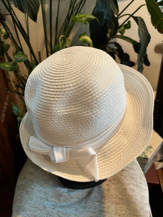 70’s woven cloche hat, white synthetic straw, high