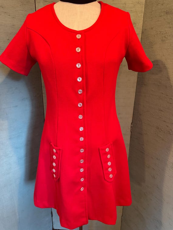60’s Mini dress, red polyester with buttons galore