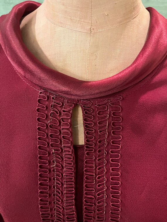 1930 burgundy crepe dress, satin collar braided t… - image 10