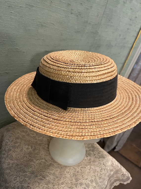 1920 Straw Boater Hat, Black Grosgrain Ribbon Band - Etsy display picture 1