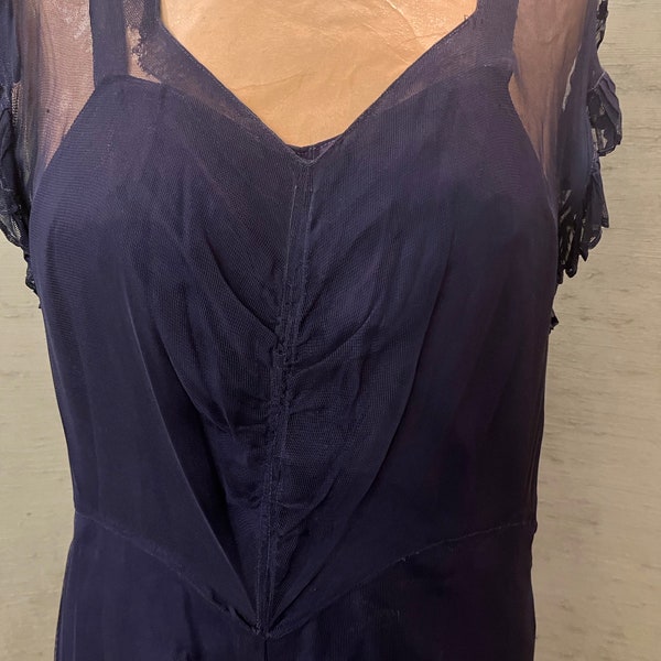 30’s navy nylon tulle gown with navy silk taffeta slip under size 14