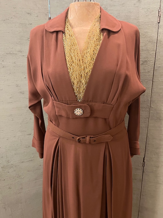 1950 Gabardine, Light Brown Dress, Plunging Neckline, Gold Scarf Not Included