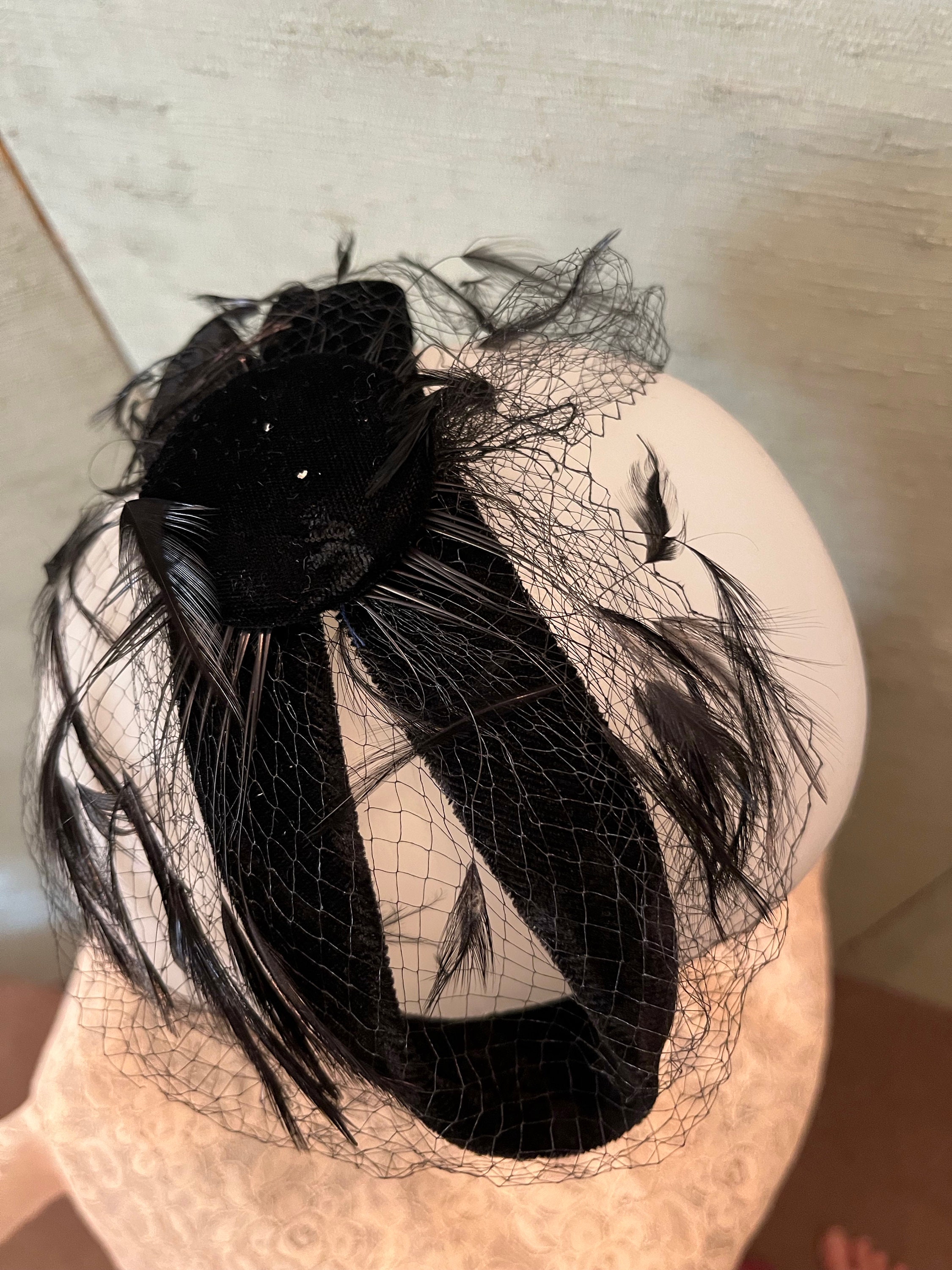 1960 Headband Hat Black Velvet, Aigrette Feathers Netting - Etsy