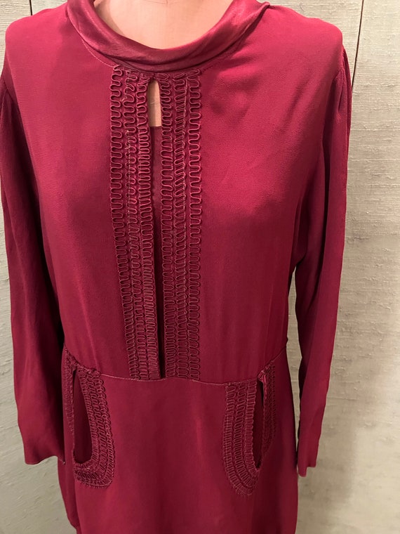 1930 burgundy crepe dress, satin collar braided t… - image 1