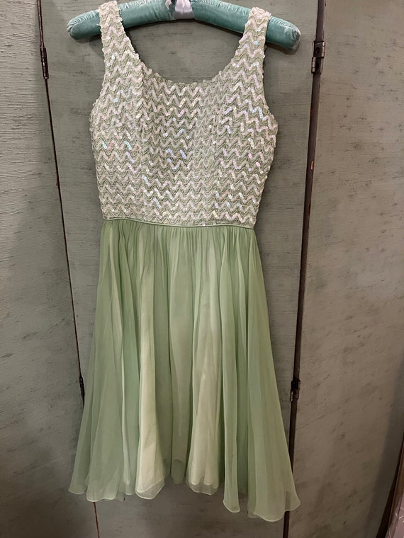50’s formal, white sequined bodice, mint green chi