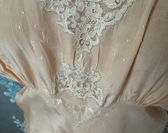 30’s negligee, peach silk and oatmeal colored lace with appliqué and embroidery